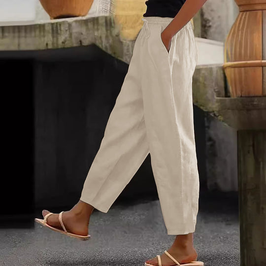 Damen Leinen-Mischung Cropped-Hose mit elastischem Bund, Kordelzug und Seitentaschen Nord Taschen