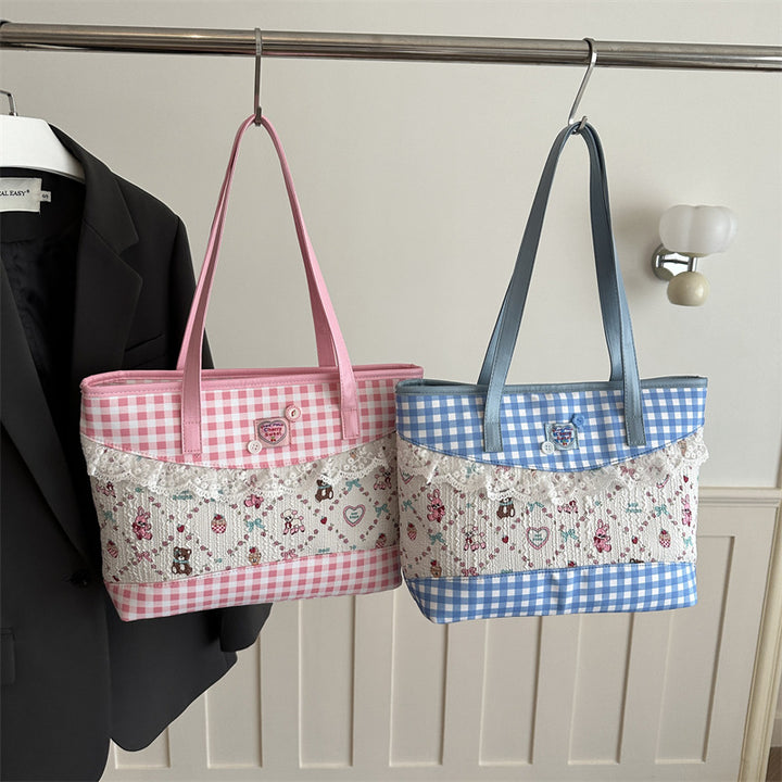 Damen Shopper-Tasche mit romantischem Karomuster und zarten Spitzendetails Nord Taschen