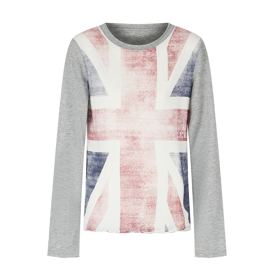 Damen Rundhals-Longsleeve aus Baumwollmix mit Vintage-Union-Jack-Print und Kontrastärmeln Nord Taschen