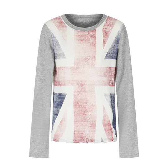 Damen Rundhals-Longsleeve aus Baumwollmix mit Vintage-Union-Jack-Print und Kontrastärmeln Nord Taschen
