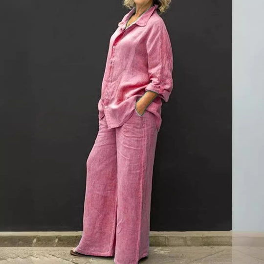 Damen Entspanntes Leinen-Set mit Oversize-Hemd und weiter Palazzo-Hose Nord Taschen