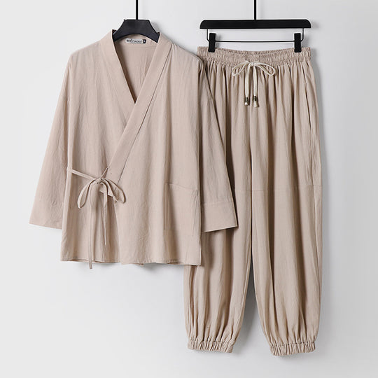 Unisex Entspanntes Kimono-Set mit Wickeljacke, dreiviertelärmeln und elastischer Kordelharemshose Nord Taschen
