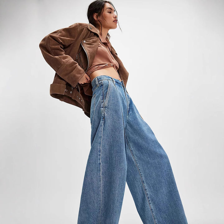 Damen hochgeschnittene Denim-Palazzohose mit markanten Bundfalten und extra weitem Bein Nord Taschen