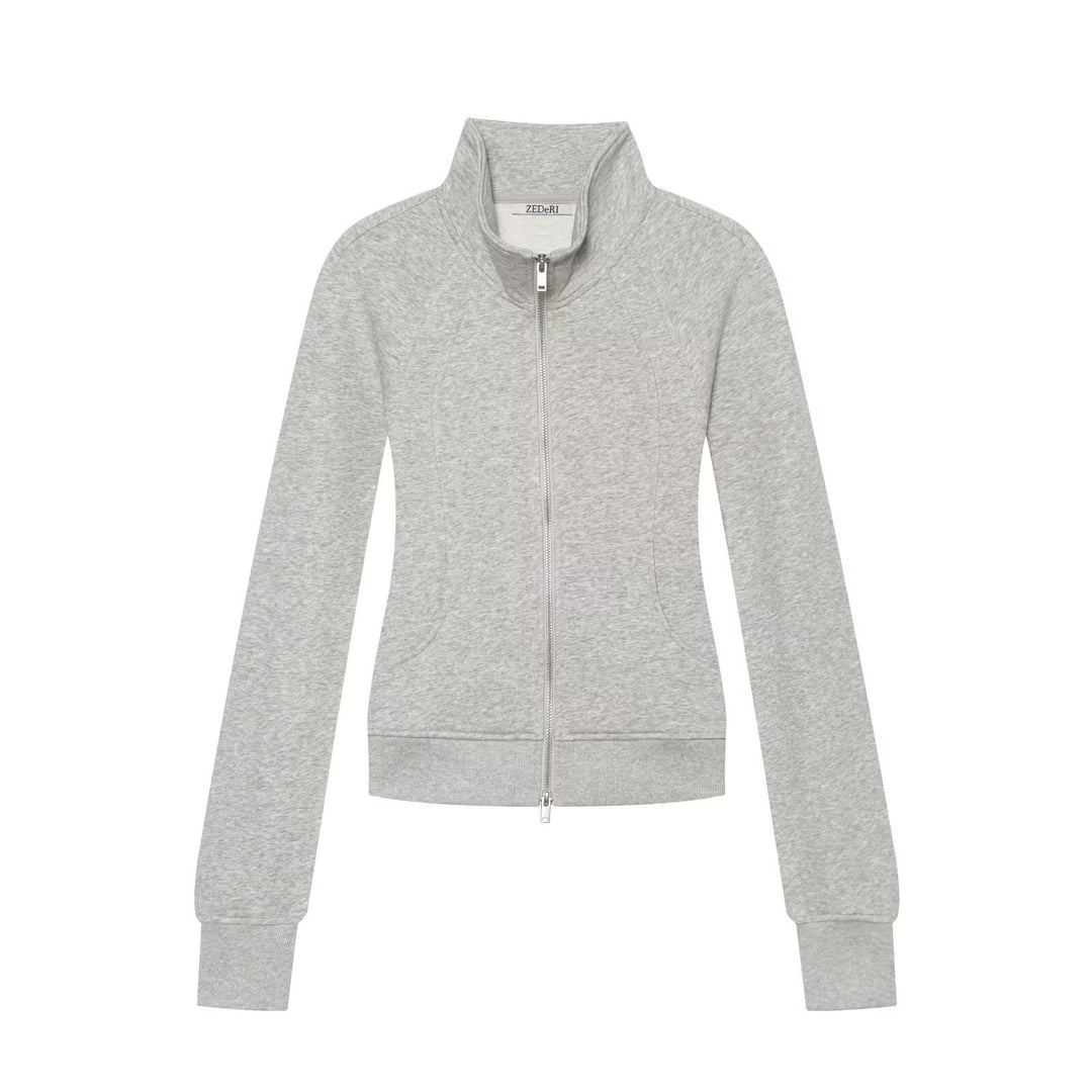 Damen Slim‑Fit Sweatjacke mit Stehkragen und Zwei‑Wege‑Reißverschluss Nord Taschen
