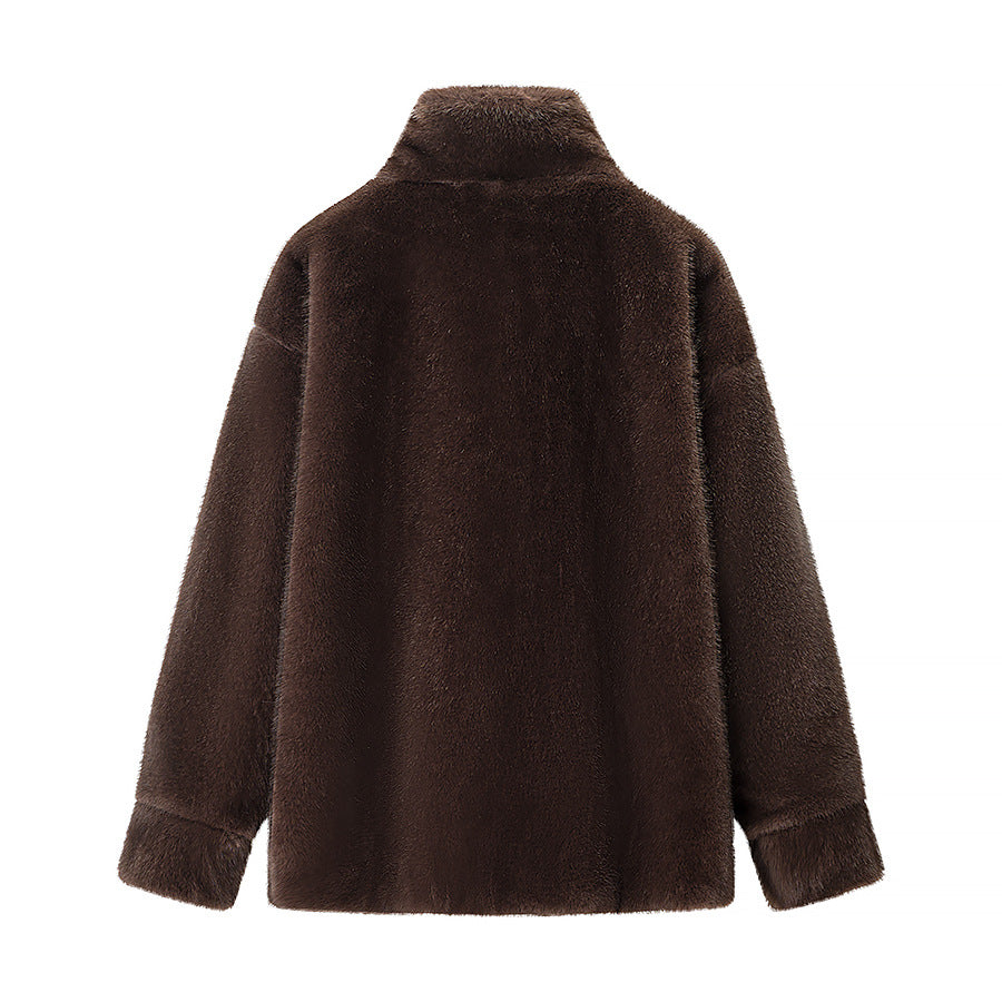 Damen Oversize Teddy-Fleece-Pullover mit halbem Reißverschluss und großer Klappentasche Nord Taschen