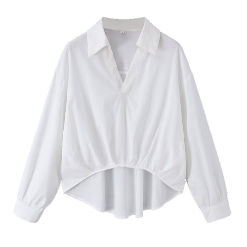 Damen Weite Bluse mit V‑Ausschnitt, Hemdkragen und gerafftem Hoch-Tief-Saum Nord Taschen