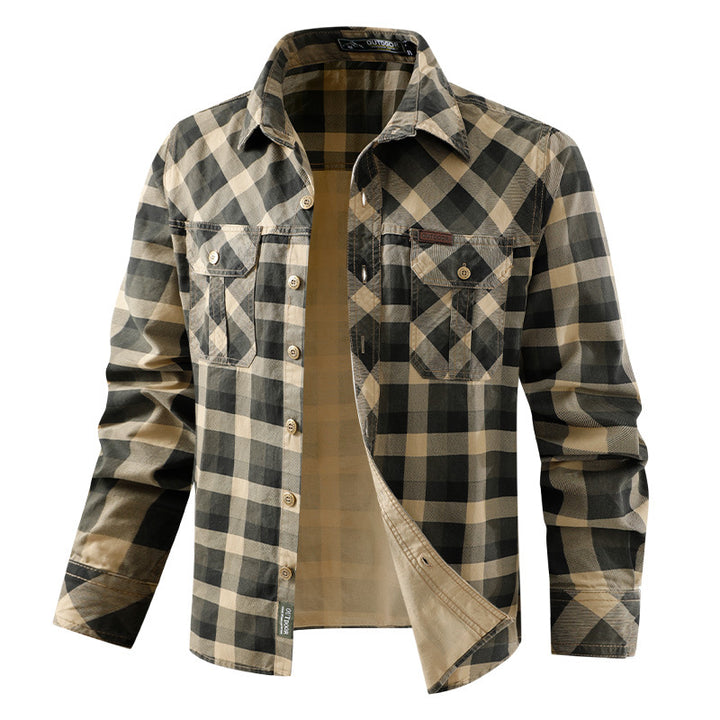 Herren  lässiges kariertes Flanellhemdjacke aus Baumwollmischung mit doppelten Brusttaschen und verstärkter Steppung Nord Taschen