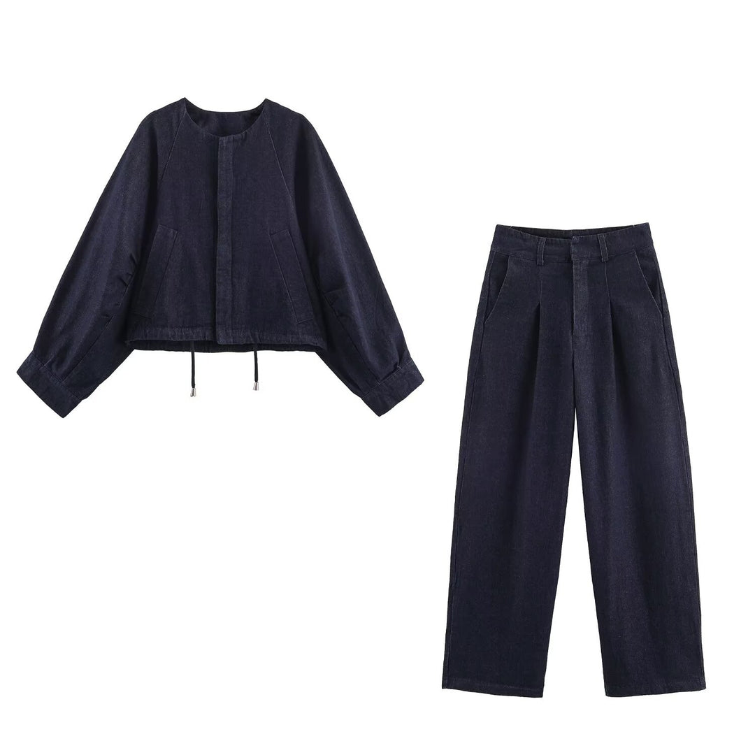 Damen Oversized Cropped Denim-Jacke mit Tunnelzug, Raglanärmeln und verdeckter Druckknopfleiste Nord Taschen