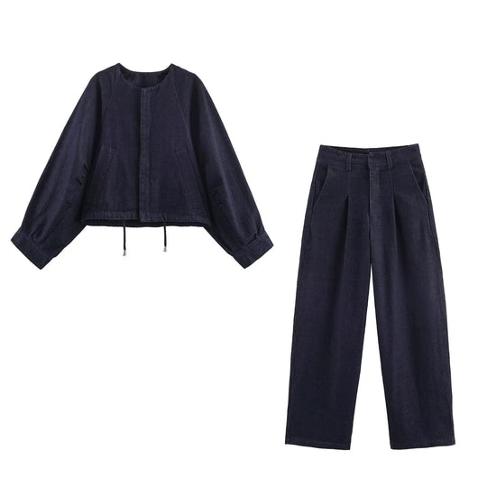 Damen Oversized Cropped Denim-Jacke mit Tunnelzug, Raglanärmeln und verdeckter Druckknopfleiste Nord Taschen
