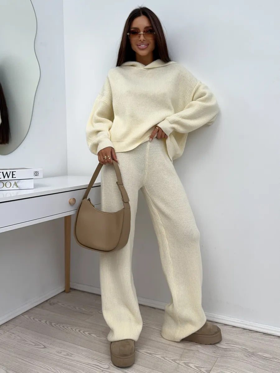 Damen elegantes kaschmirähnliches Strick-Set mit asymmetrischem Wasserfallkragen und fließender Palazzo-Strickhose Nord Taschen