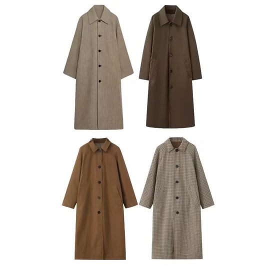Damen langer minimalistischer Trenchcoat mit kariertem Innenfutter Nord Taschen