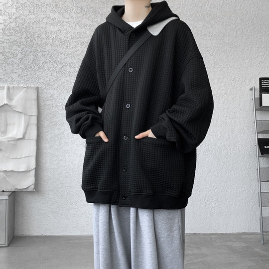 Herren Oversize-Stepp-Kapuzenjacke mit Waffelstruktur, Knopfleiste und Eingrifftaschen Nord Taschen