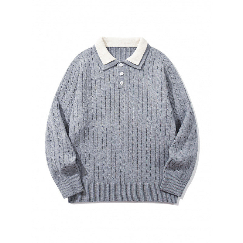 Herren Grobgestrickter Polokragen-Pullover mit Zopfmuster und Knopfleiste Nord Taschen