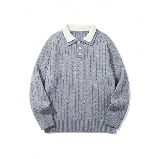 Herren Grobgestrickter Polokragen-Pullover mit Zopfmuster und Knopfleiste Nord Taschen