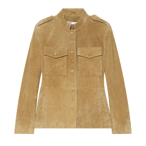 Damen Taillierte Wildlederjacke mit Stehkragen, Pattentaschen und Schulterklappen Nord Taschen