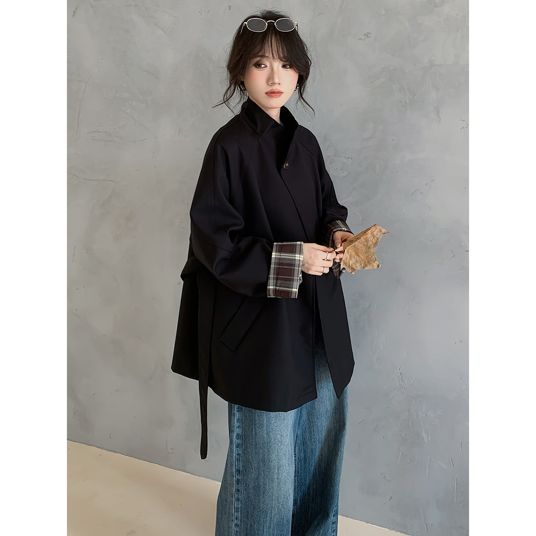 Damen Oversize Trenchcoat mit Taillengürtel und karierter Ärmelaufschlag Nord Taschen
