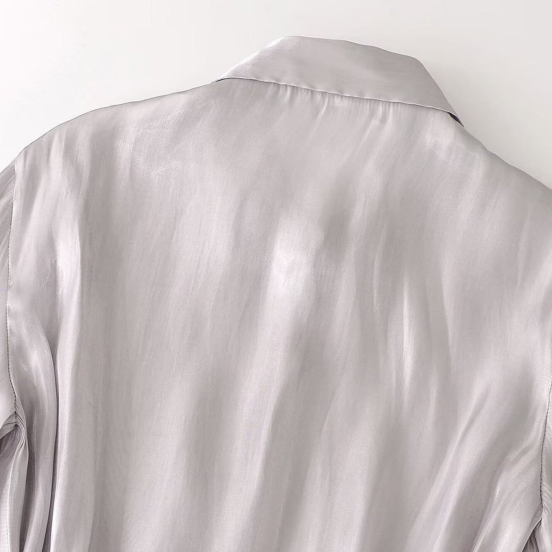 Damen Seidenmatt taillierte Hemdbluse mit Kordelzug und verdeckter Knopfleiste Nord Taschen