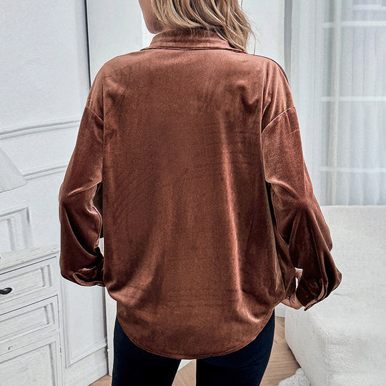 Damen Velours-Hemdbluse mit Brusttasche und klassischem Kragen Nord Taschen