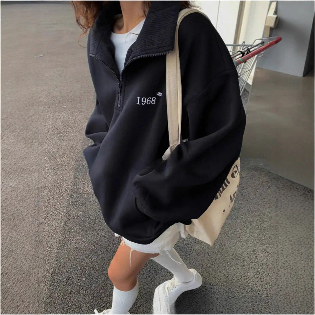 Damen oversized Hoodie mit kurzem Reißverschluss, hohem Stehkragen und Kängurutasche Minimalstick Nord Taschen