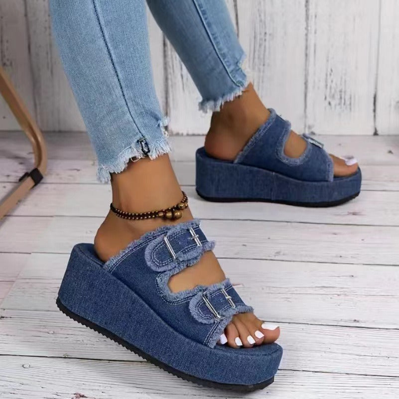 Damen bequeme Plattformsandalen aus Denim mit doppeltem Riemen