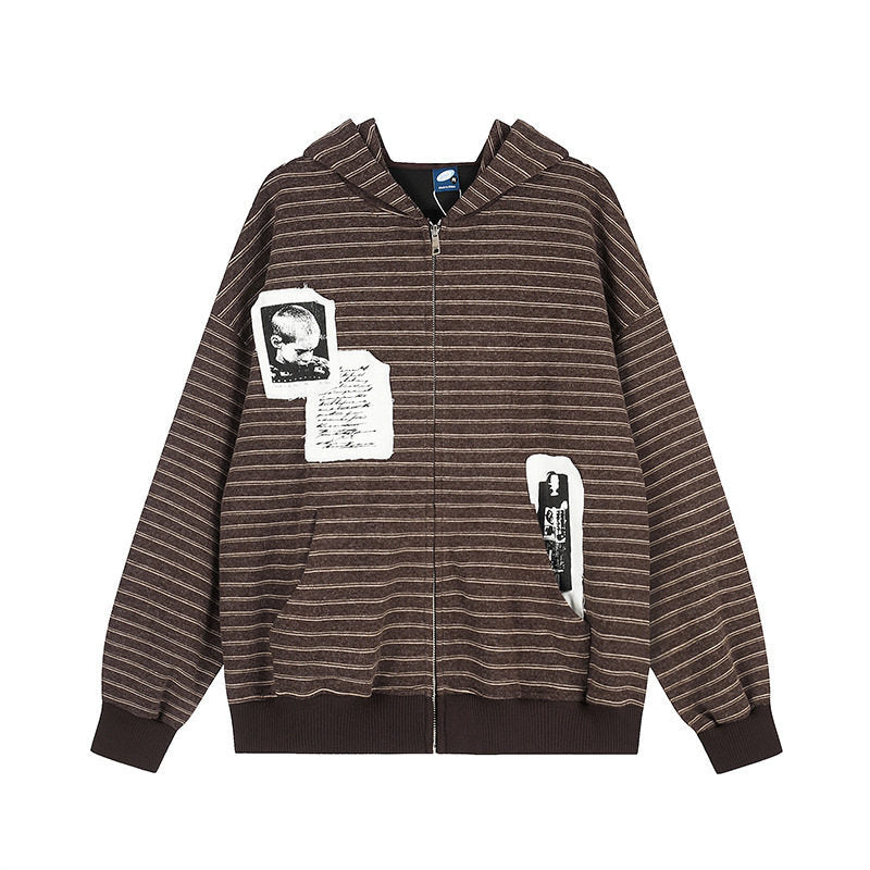 Unisex Kapuzen-Zipjacke im Oversize-Streifenlook mit Fotopatch-Applikationen Nord Taschen