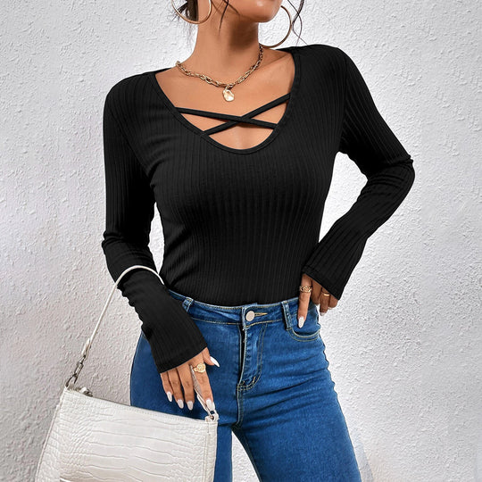 Damen geripptes Langarmshirt mit gekreuztem V‑Ausschnitt, ausgestellten Manschetten und figurbetonter Stretch-Passform Nord Taschen
