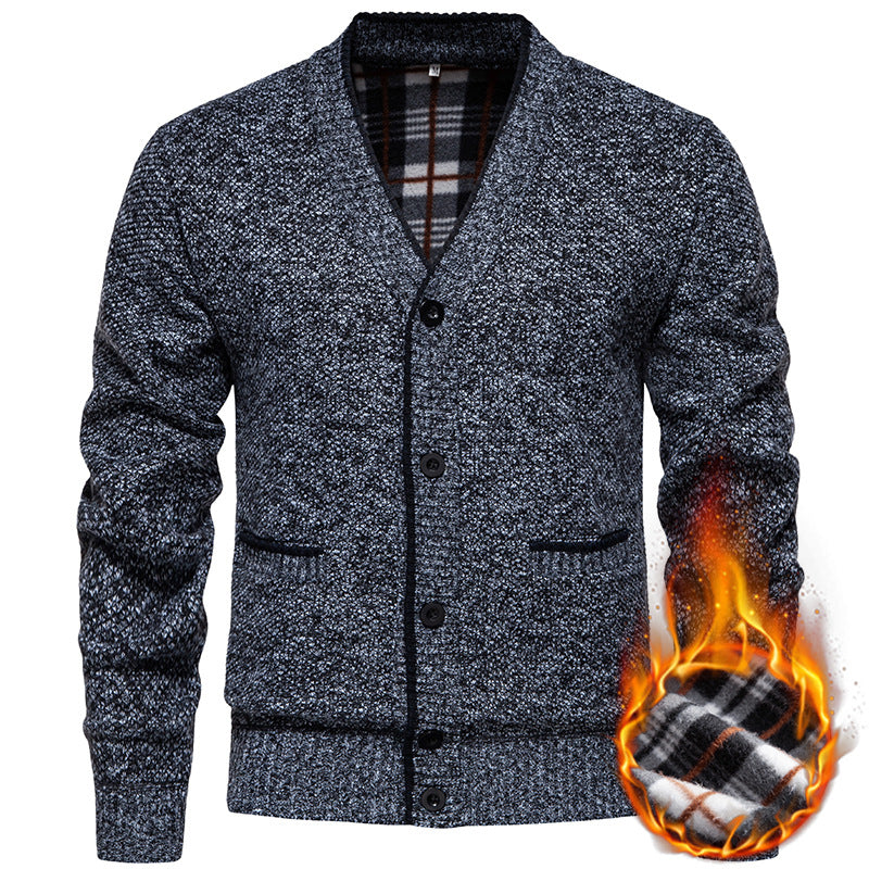 Herren Strukturierter V-Ausschnitt Strickcardigan mit kontrastierter Kante und kariertem Innenbesatz Nord Taschen