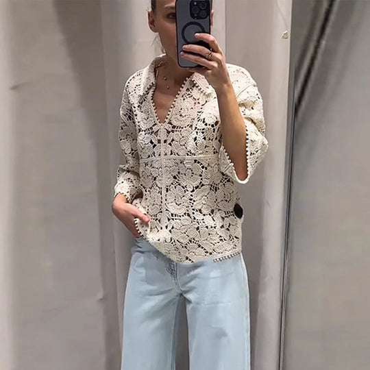 Damen Gehäkelte Bluse mit floralem Ajourmuster und dreiviertel Ärmeln Nord Taschen