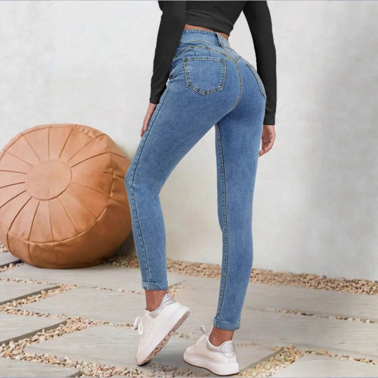 Damen Hochgeschnittene Sculpting-Skinny-Jeans mit Doppelknopf und Umschlag-Detail Nord Taschen