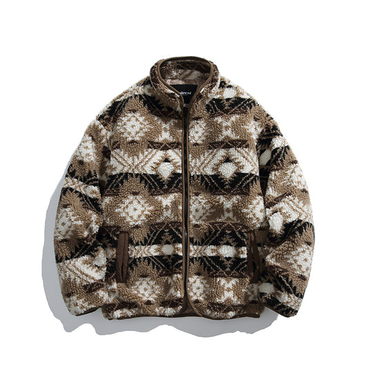 Unisex Teddy-Fleecejacke im Aztekenmuster mit Stehkragen und durchgehendem Reißverschluss Nord Taschen