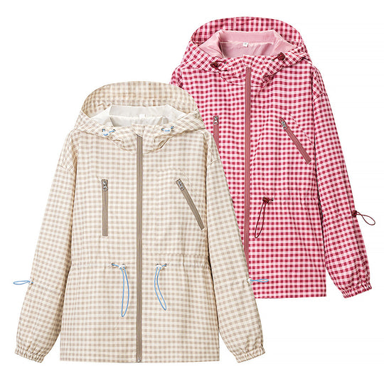 Damen 20+ leichte karierte Kapuzenjacke mit Tunnelzug, Reißverschluss und funktionalen Taschen Nord Taschen