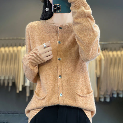 Damen Langer Feinstrick-Cardigan mit Rundhalsausschnitt, Eingrifftaschen und Alpaka-Mix Nord Taschen