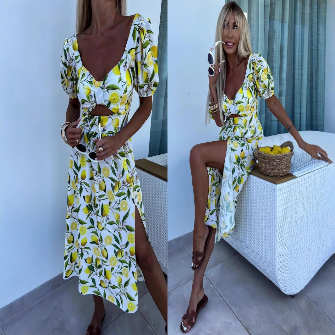Damen Maxi Kleid mit Fruchtmotiv und Cut-Out-Details