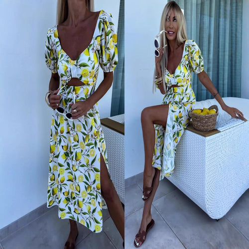 Damen Maxi Kleid mit Fruchtmotiv und Cut-Out-Details