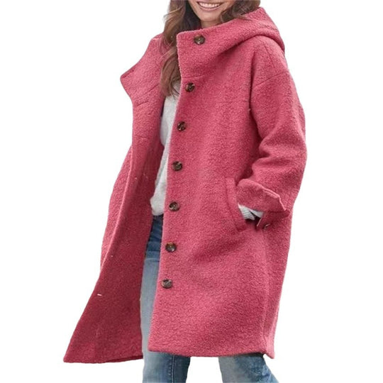 Damen Bouclé-Kapuzenmantel im Oversize-Schnitt mit verdeckter Knopfleiste Nord Taschen