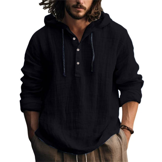 Herren Leichtes Kapuzenhemd im Leinenlook mit Henley-Knopfleiste Nord Taschen