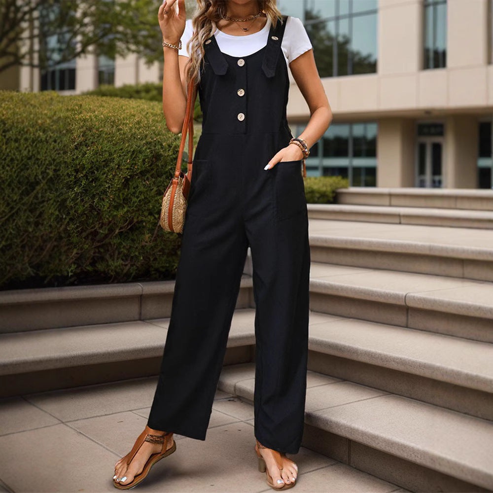 Damen Weichfallender Latz-Jumpsuit mit weitem Bein und Holzknopf‑Verschluss Nord Taschen