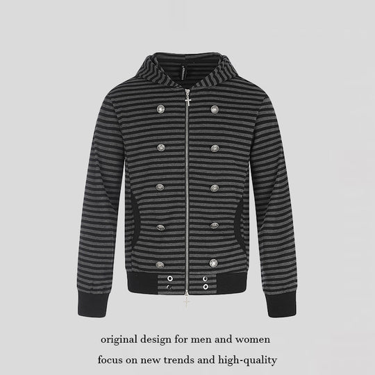 Damen Gestreifte Kapuzen‑Sweatjacke mit dekorativer Doppelreihe, Metall‑Zipper und Kapuze Nord Taschen