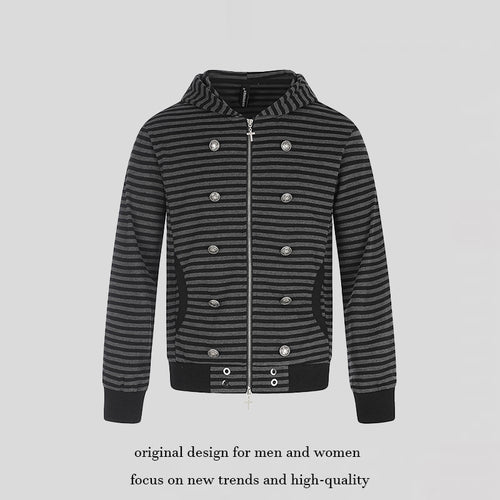 Damen Gestreifte Kapuzen‑Sweatjacke mit dekorativer Doppelreihe, Metall‑Zipper und Kapuze Nord Taschen