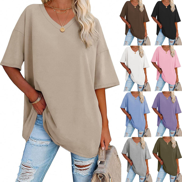 Damen Oversized T-Shirt mit V-Ausschnitt und seitlichen Schlitzen