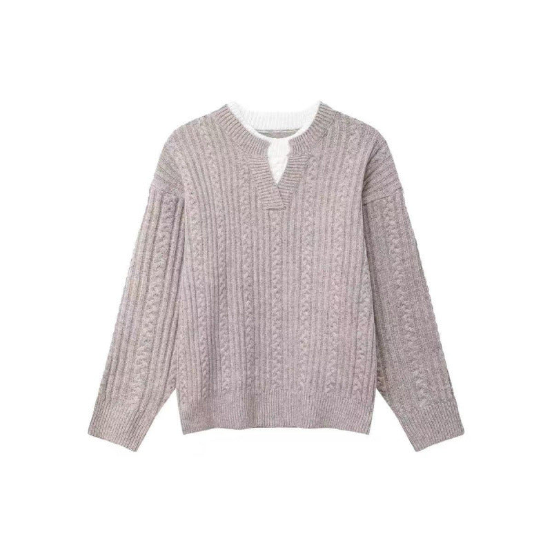 Damen Grobgestrickter Zopfmuster-Pullover mit V‑Ausschnitt und Lagen‑Optik Nord Taschen