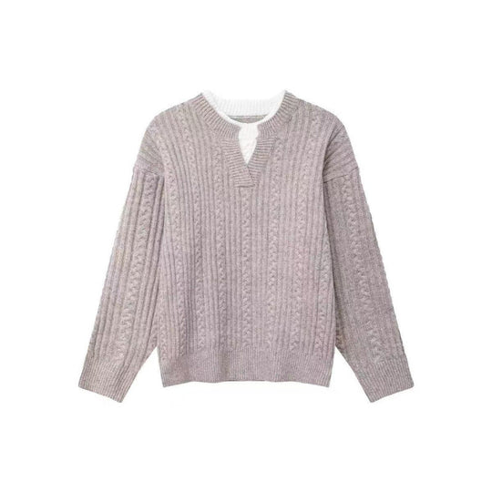 Damen Grobgestrickter Zopfmuster-Pullover mit V‑Ausschnitt und Lagen‑Optik Nord Taschen