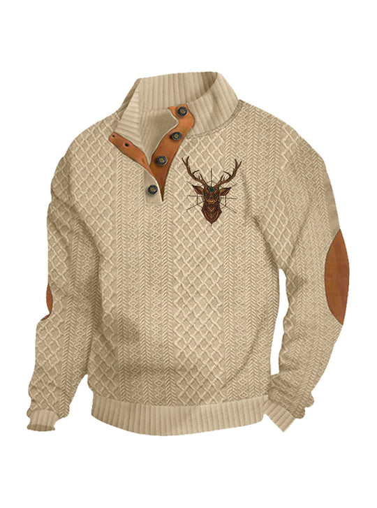 Herren nan Heritage-Strukturpullover mit Stehkragen Lederimitat-Besatz Ellenbogen-Patches und Halbknopfleiste