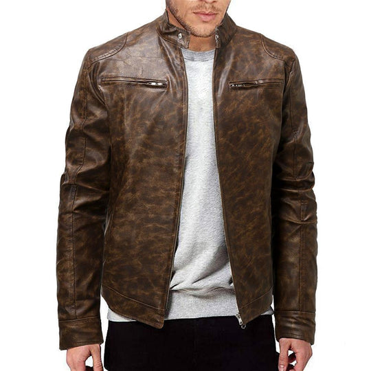 Herren Lederjacke im Vintage‑Look mit Stehkragen und Reißverschluss-Details Nord Taschen