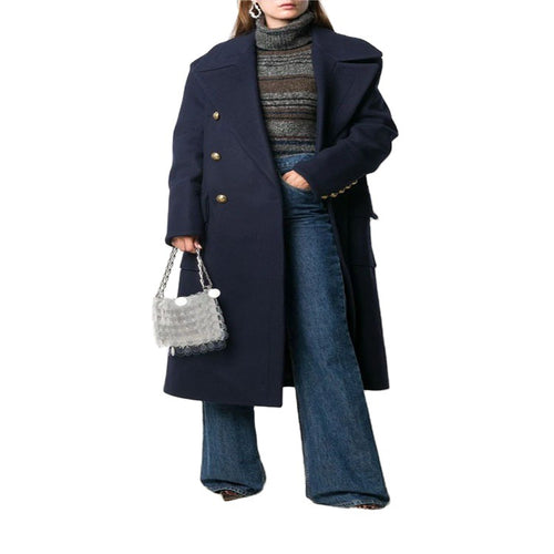Damen Marineinspirierter Zweireiher-Longcoat aus Wollmix mit Oversize-Revers Nord Taschen