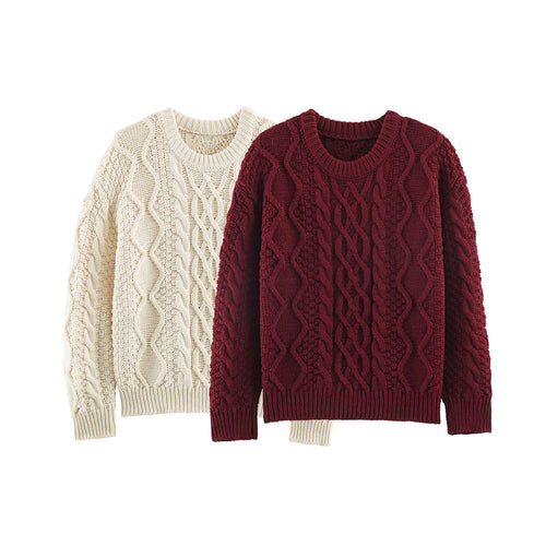 Damen Grobgestrickter Zopfstrick-Pullover mit Rundhals und Textur-Mix Nord Taschen