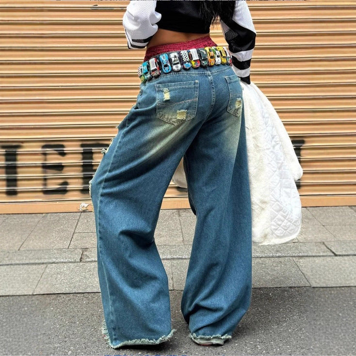 Damen weite Destroyed-Denim-Jeans mit Neonfransen-Applikation Nord Taschen