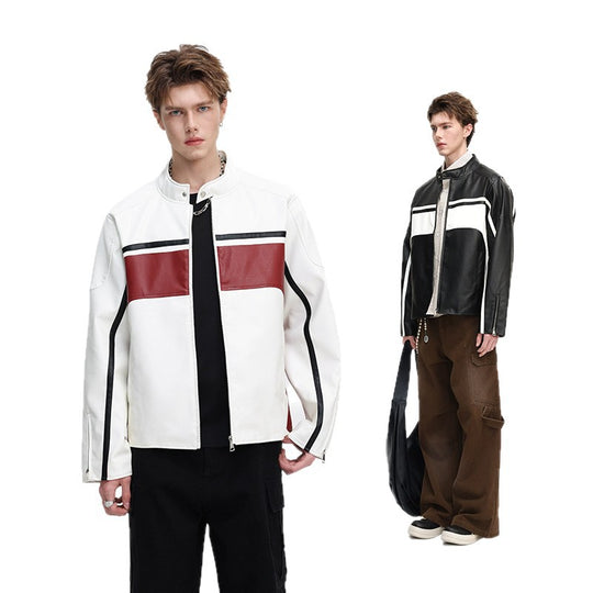 Herren Kontrast-Kunstleder-Bikerjacke mit Stehkragen und Zip-Ärmeln Nord Taschen