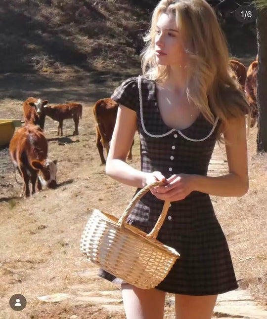 Damen Kariertes A-Linien-Minikleid mit kontrastierendem Bubikragen und Knopfleiste Nord Taschen
