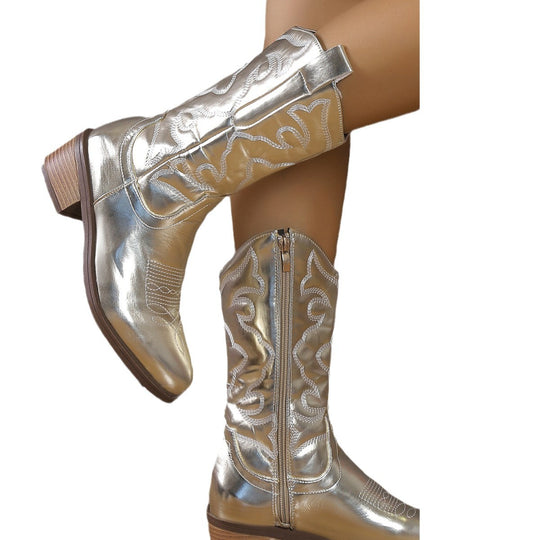 Damen Cowboystiefel mit glänzender Oberfläche, spitzer Zehenform und seitlichem Reißverschluss Nord Taschen